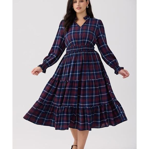 Womens Navy Plaid Cottage Preppy Prairie Classic Tiered Ruffle Midi Dress 1X - Picture 3 of 6